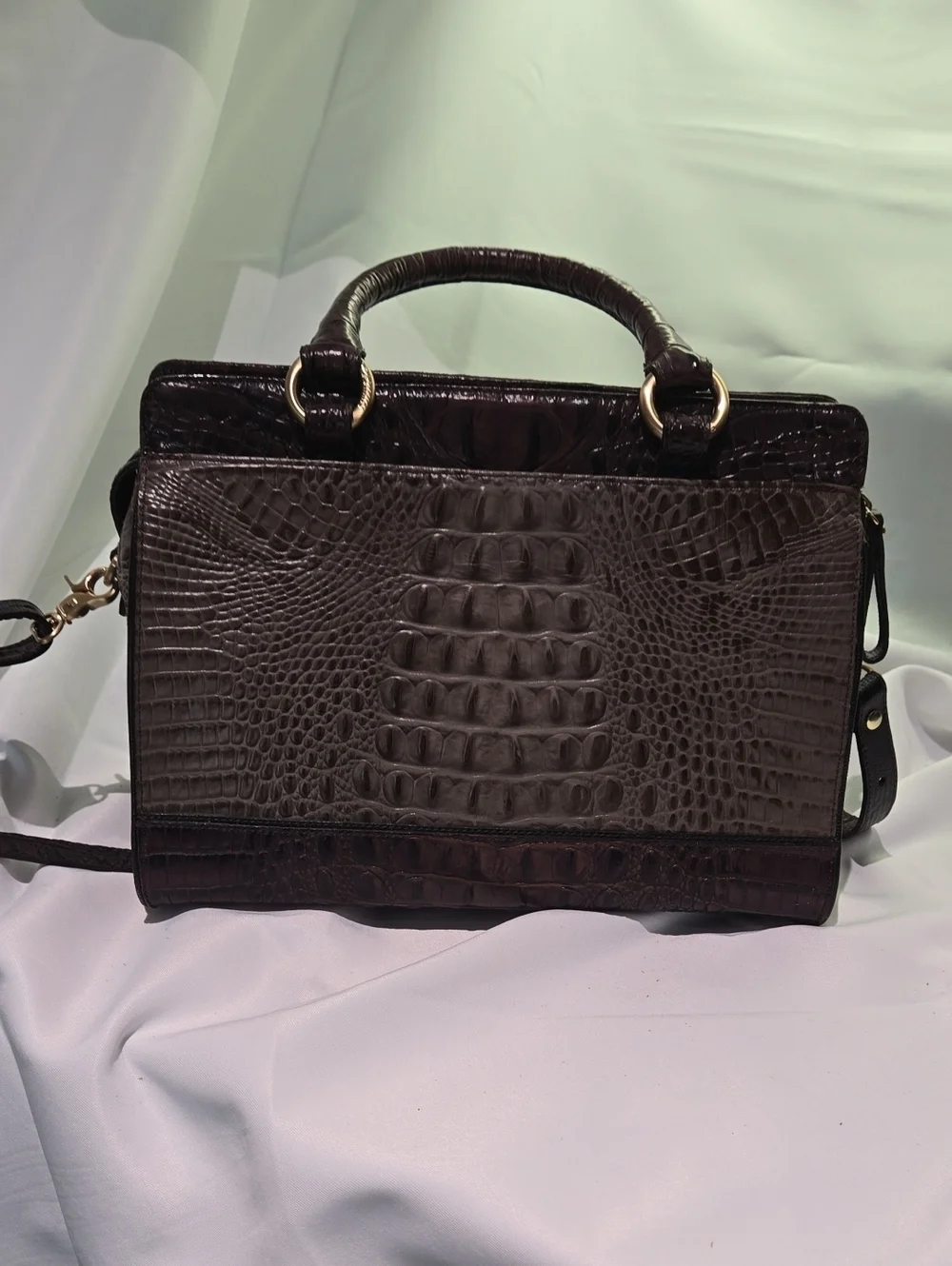 Brahmin Croc-Embossed Satchel in Dark Brown and Black